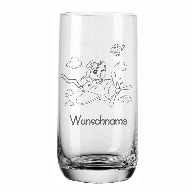 Trinkglas für Kinder Wunschname von Leonardo - Junge im Flugzeug von Trendgravur