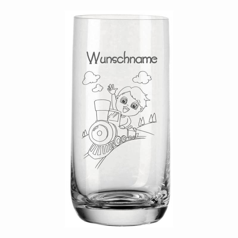 Trinkglas für Kinder mit Wunschnamen von Leonardo - Eisenbahn von Trendgravur