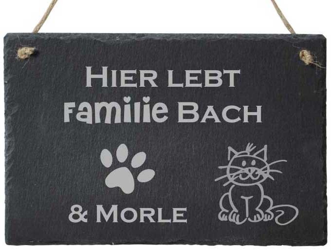 Türschild aus Schiefer mit Deinem Wunschnamen Familie & Katze von Trendgravur