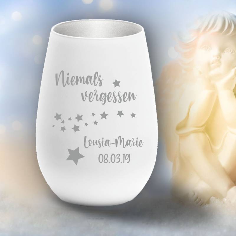 Windlicht Erinnerungslicht - Niemals vergessen mit Namen von Trendgravur