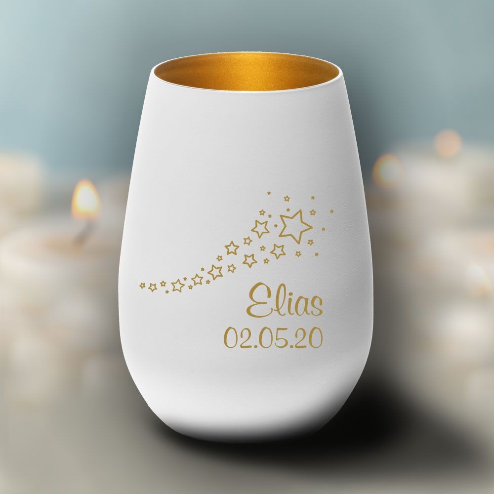 Windlicht Erinnerungslicht - Sterne mit Namensgravur und Datum von Trendgravur
