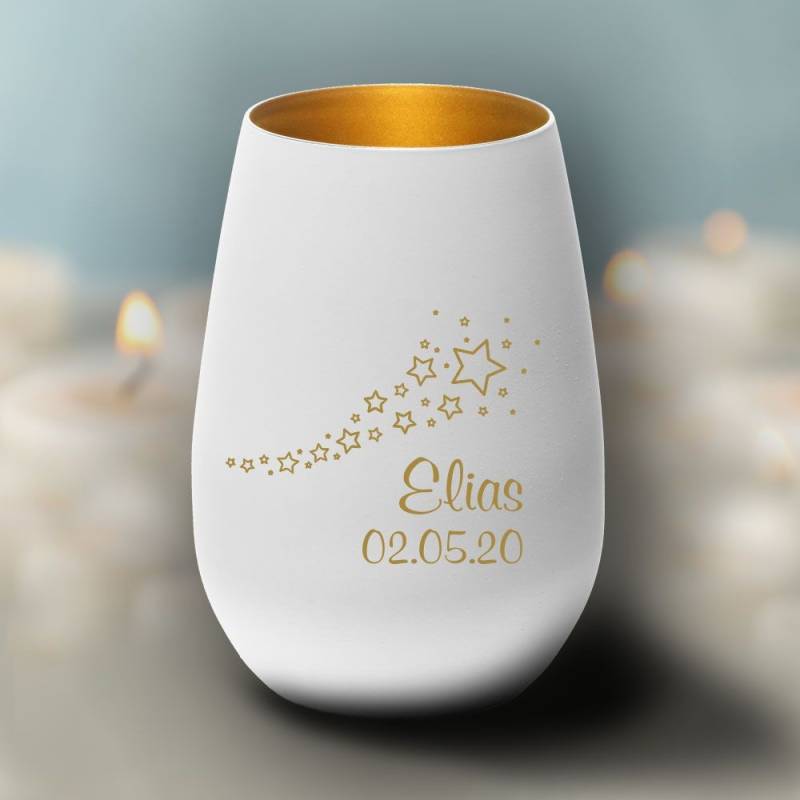 Windlicht Erinnerungslicht - Sterne mit Namensgravur und Datum von Trendgravur