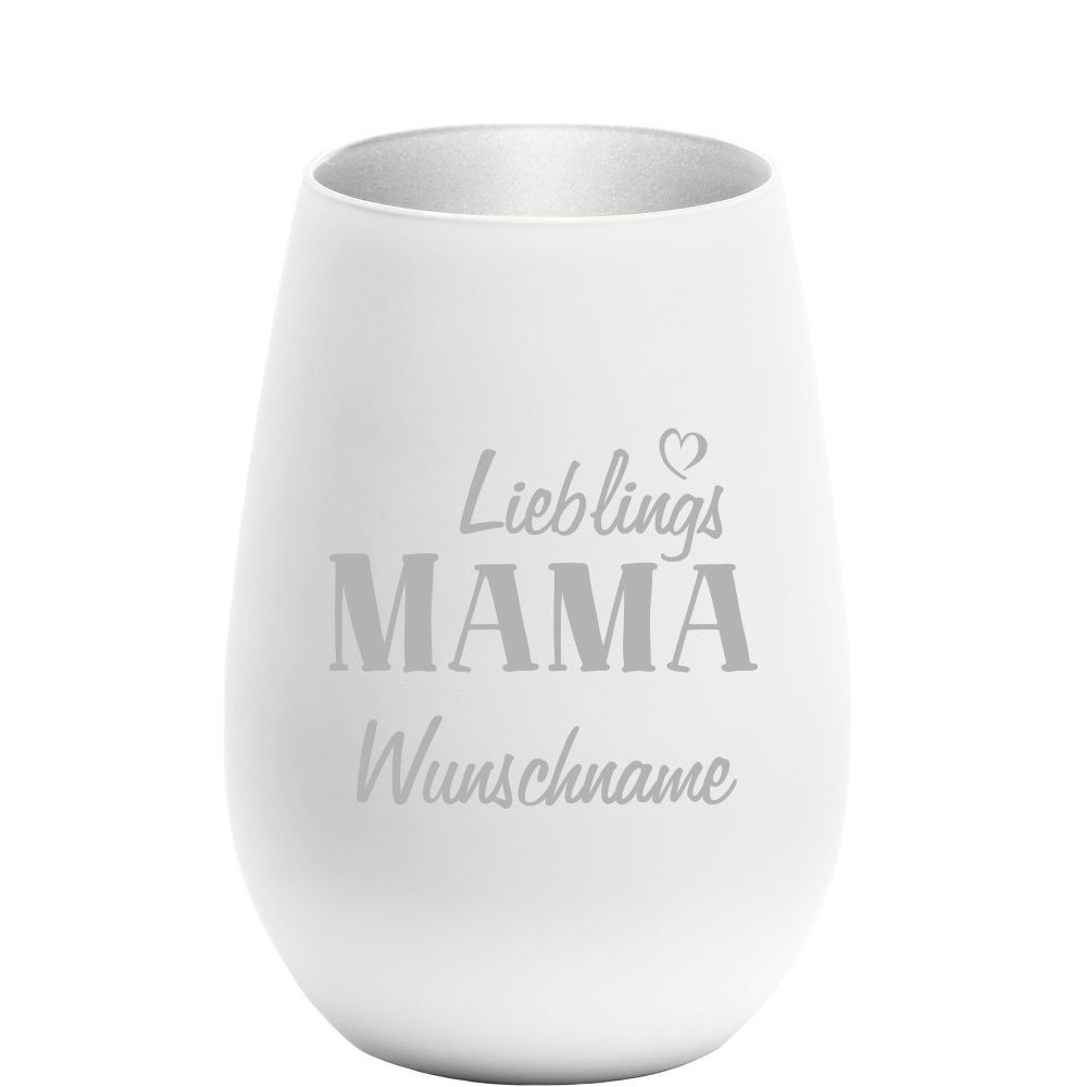 Windlicht Lieblings-Mama mit Wunschnamen weiss-silber von Trendgravur