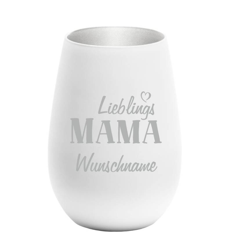 Windlicht Lieblings-Mama mit Wunschnamen weiss-silber von Trendgravur