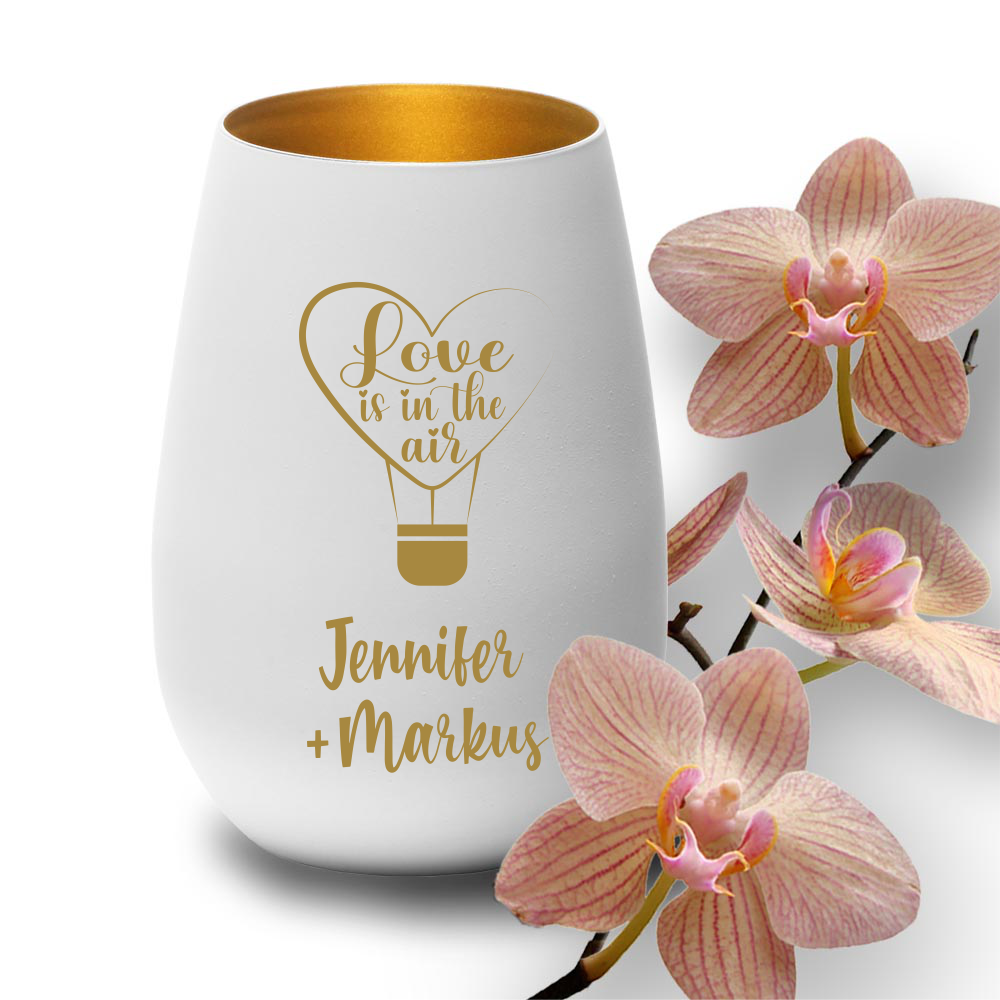 Windlicht mit Gravur Love is in the air zur Hochzeit von Trendgravur
