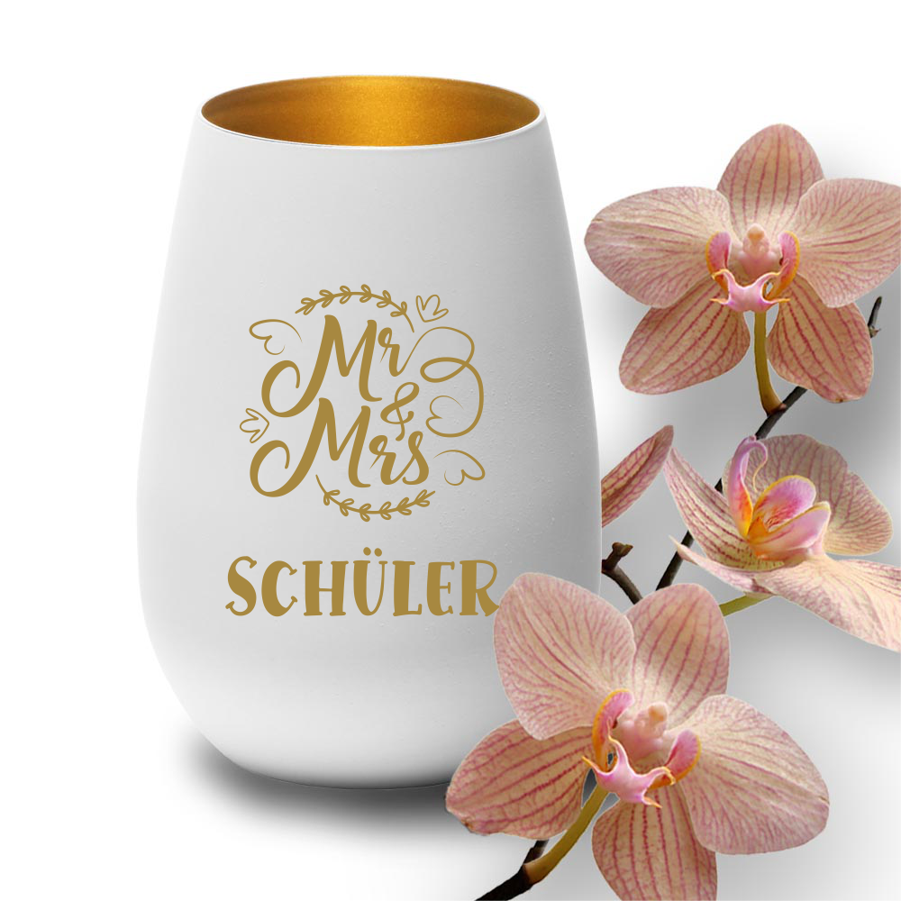 Windlicht mit Gravur Mr. & Mrs zur Hochzeit weiss-gold von Trendgravur