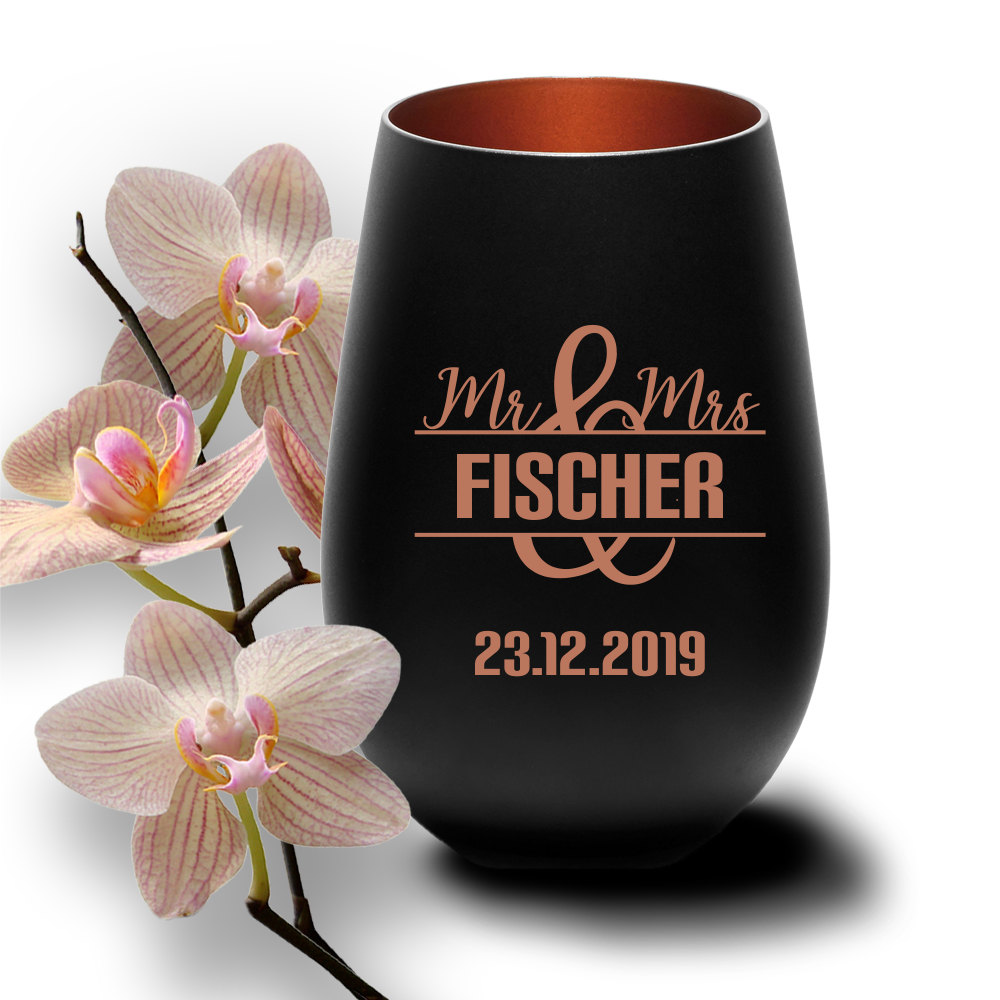 Windlicht mit Gravur Mr. & Mrs. schwarz-bronze zur Hochzeit Windlicht mit Gravur Mr. & Mrs. schwarz-bronze zur Hochzeit von Trendgravur