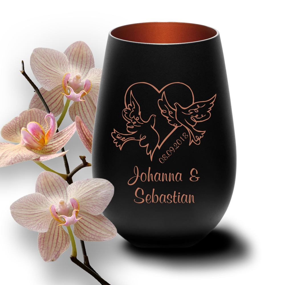 Windlicht mit Gravur Tauben schwarz-bronze zur Hochzeit Windlicht mit Gravur Tauben schwarz-bronze zur Hochzeit von Trendgravur