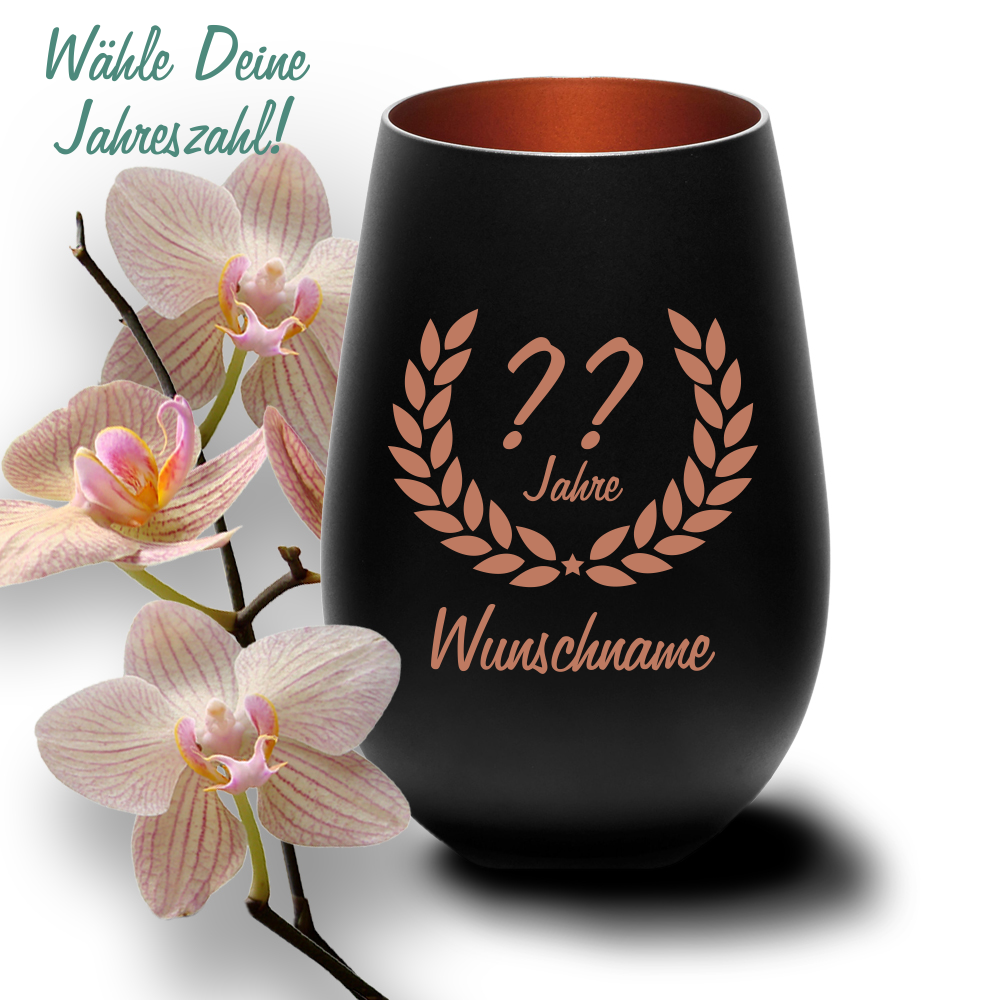 Windlicht mit Gravur schwarz-bronze zum Geburtstag- Wunschjahr von Trendgravur