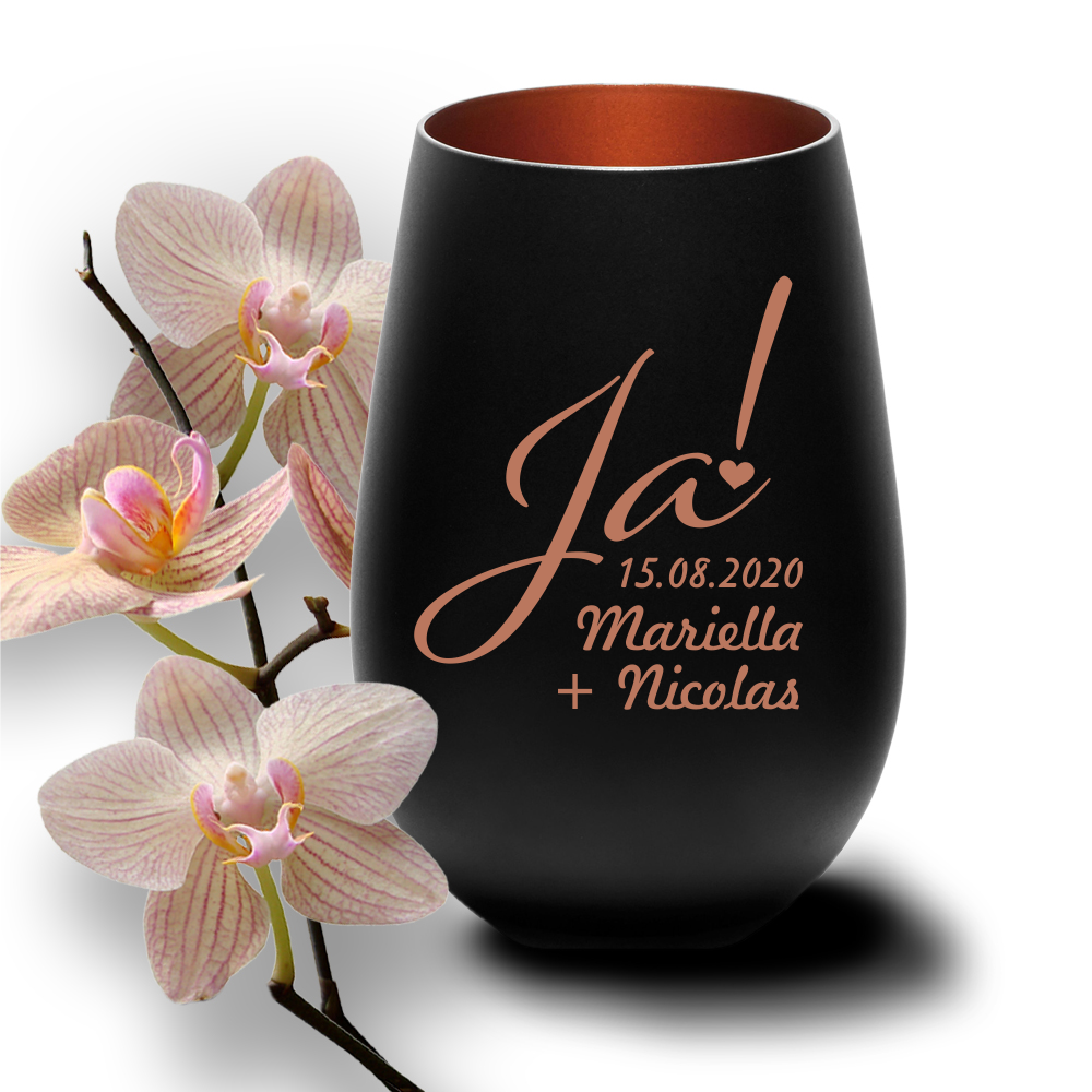 Windlicht mit Gravur schwarz-bronze zur Hochzeit -Ja mit Namen- von Trendgravur