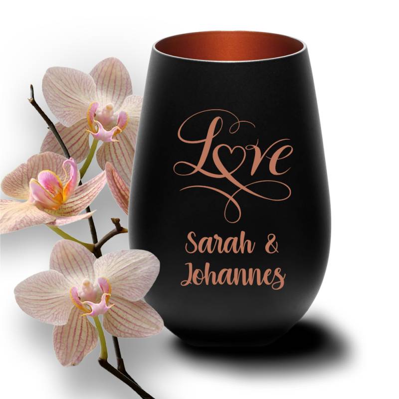 Windlicht mit Gravur schwarz-bronze zur Hochzeit Love von Trendgravur