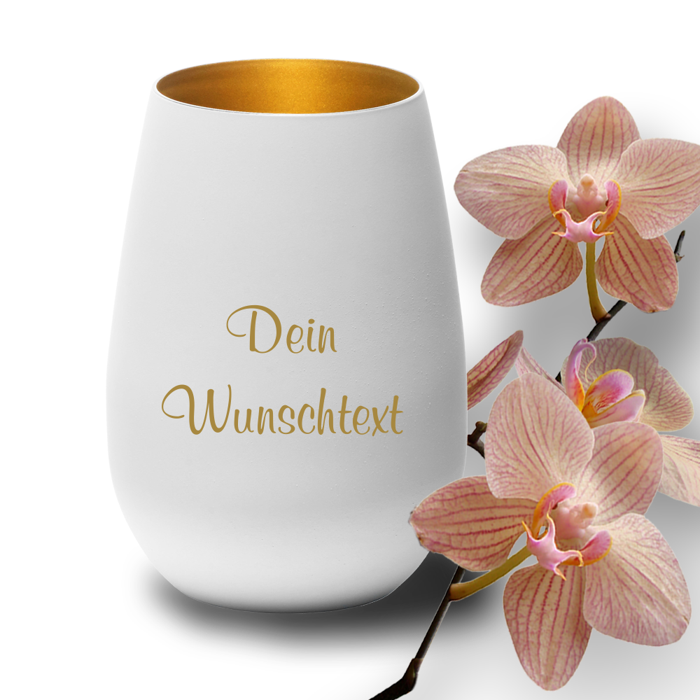 Windlicht mit Gravur weiss-gold Wunschtext von Trendgravur