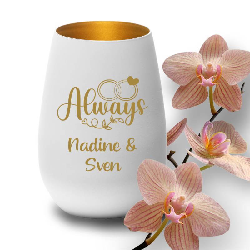 Windlicht mit Gravur weiss-gold zur Hochzeit Always Windlicht mit Gravur weiss-gold zur Hochzeit Always von Trendgravur