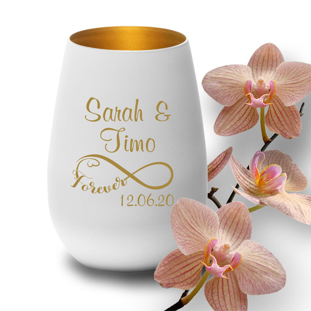 Windlicht mit Gravur weiss-gold zur Hochzeit Infinity Windlicht mit Gravur weiss-gold zur Hochzeit Infinity von Trendgravur