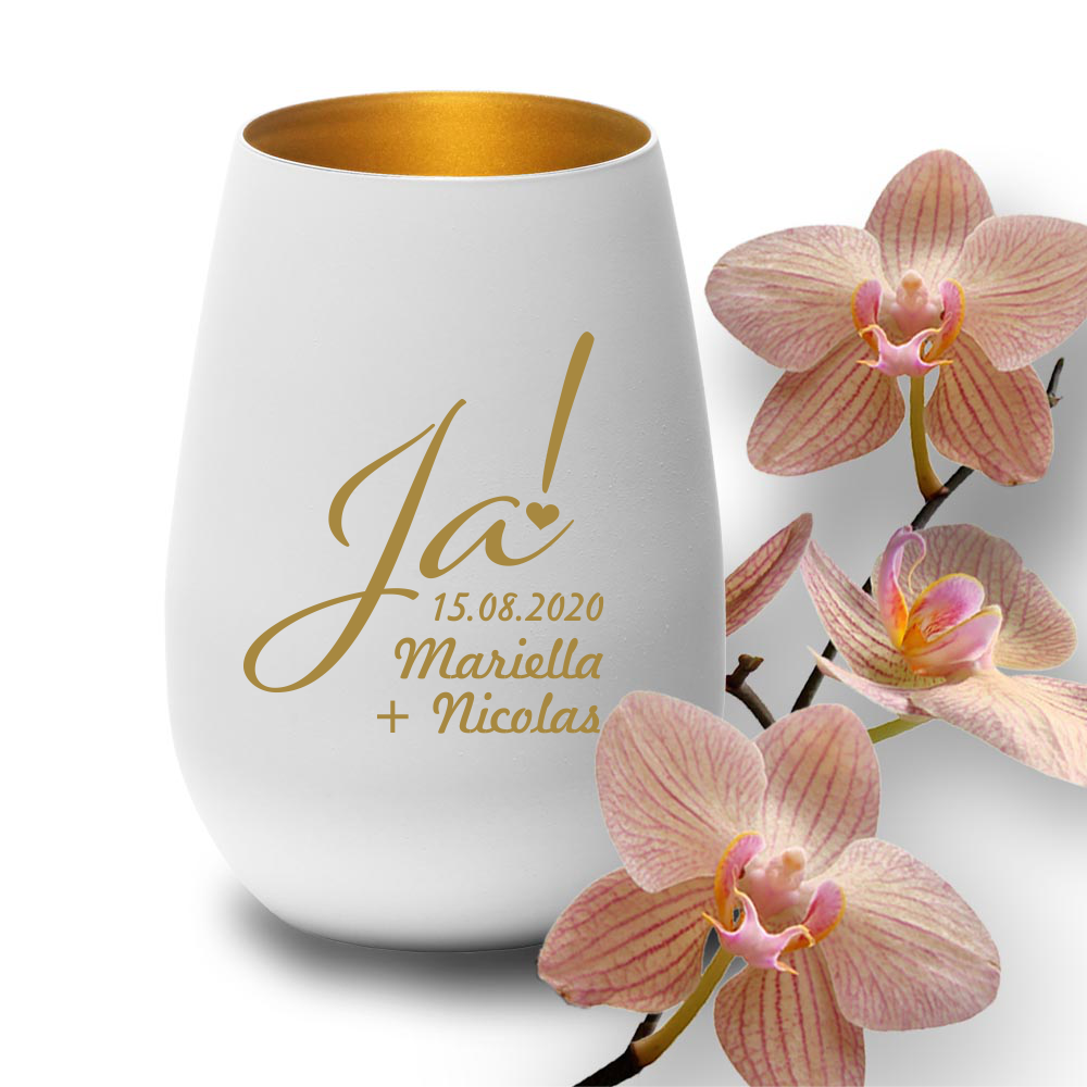Windlicht mit Gravur weiss-gold zur Hochzeit -Ja mit Namen von Trendgravur