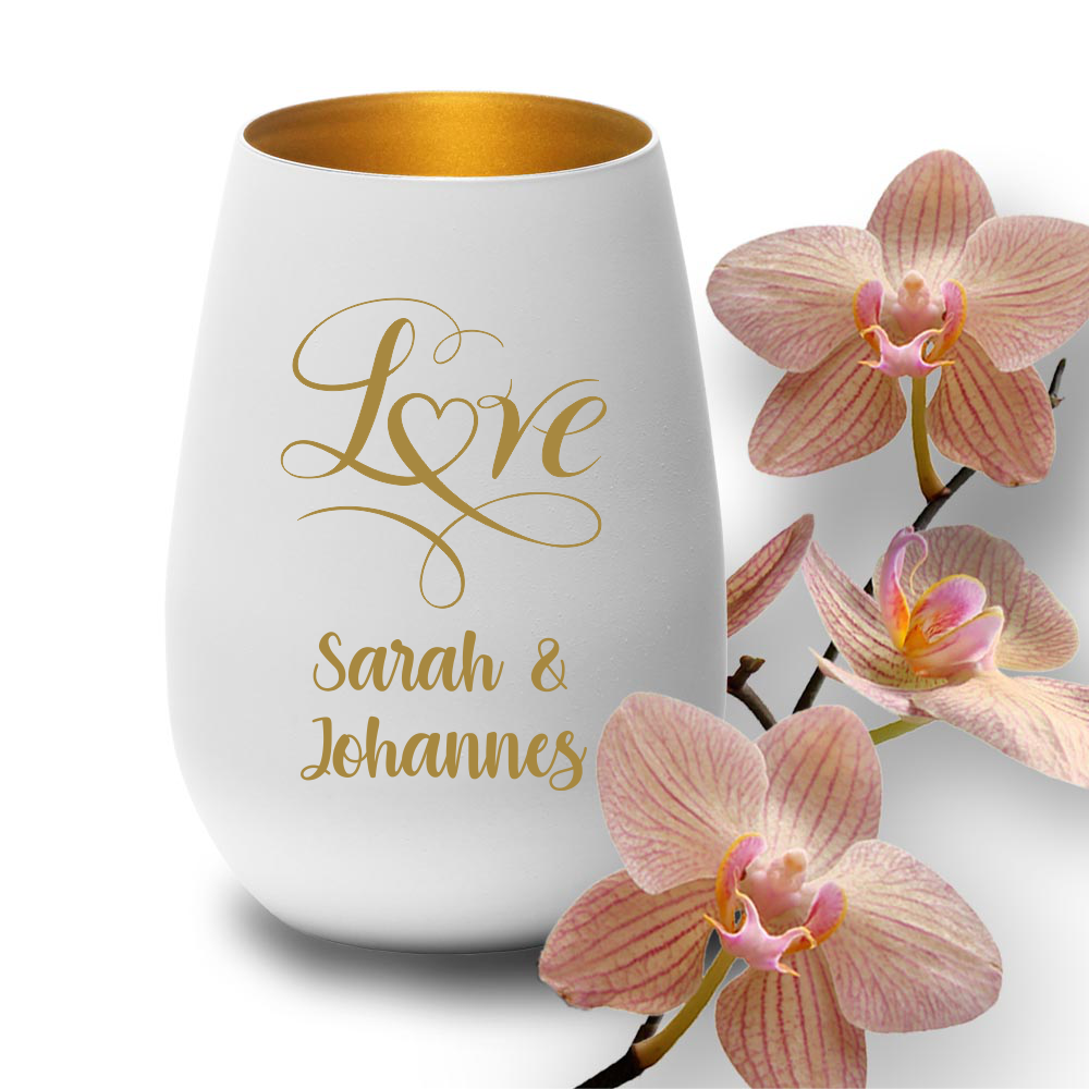 Windlicht mit Gravur weiss-gold zur Hochzeit Love von Trendgravur