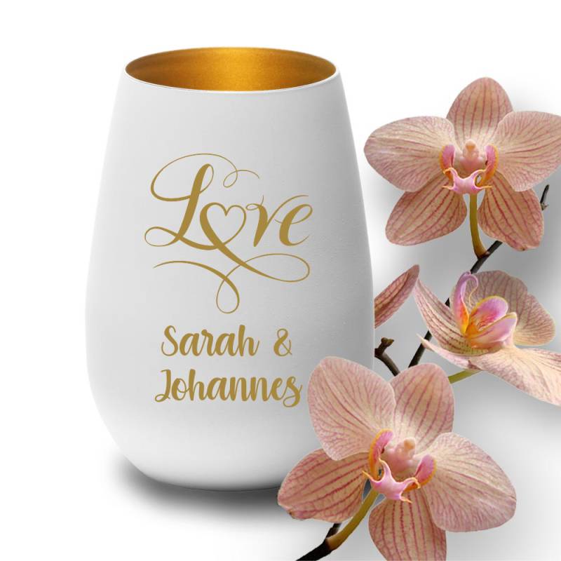 Windlicht mit Gravur weiss-gold zur Hochzeit Love von Trendgravur