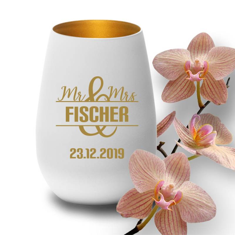 Windlicht mit Gravur weiss-gold zur Hochzeit Motiv Mr. & Mrs von Trendgravur