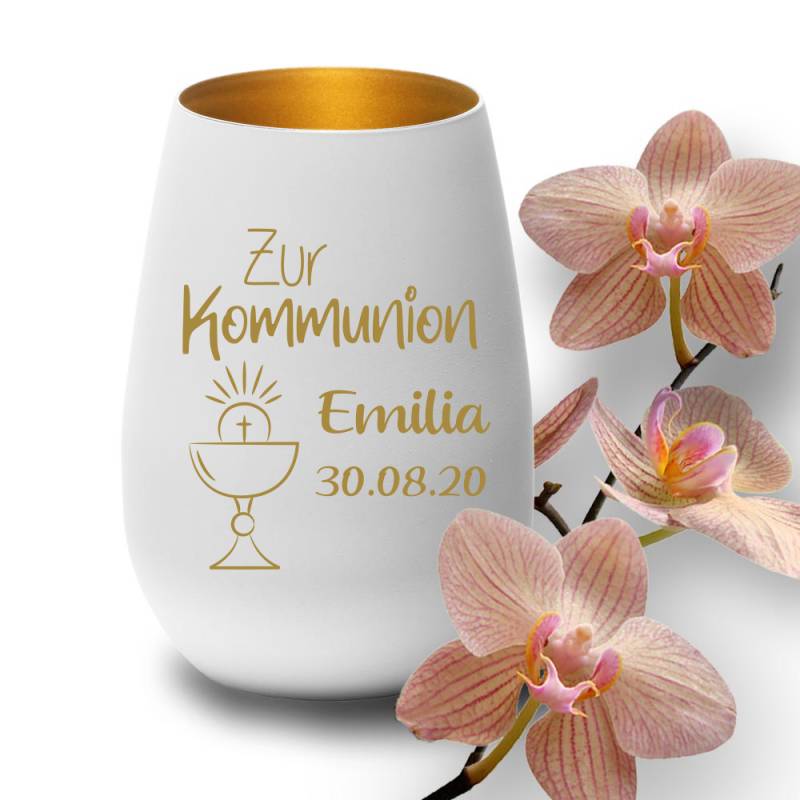 Windlicht mit Gravur weiss-gold zur Kommunion Kelch von Trendgravur
