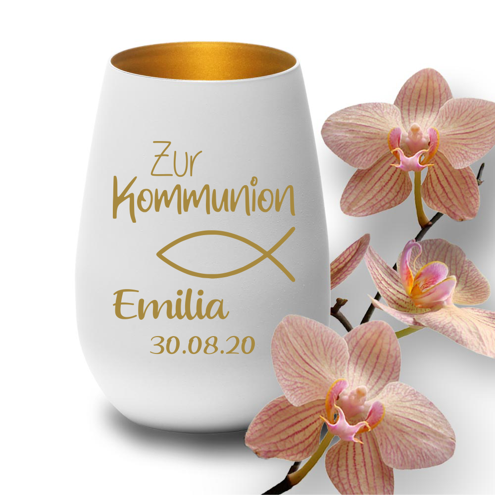 Windlicht mit Gravur weiss-gold zur Kommunion Symbol Fisch von Trendgravur