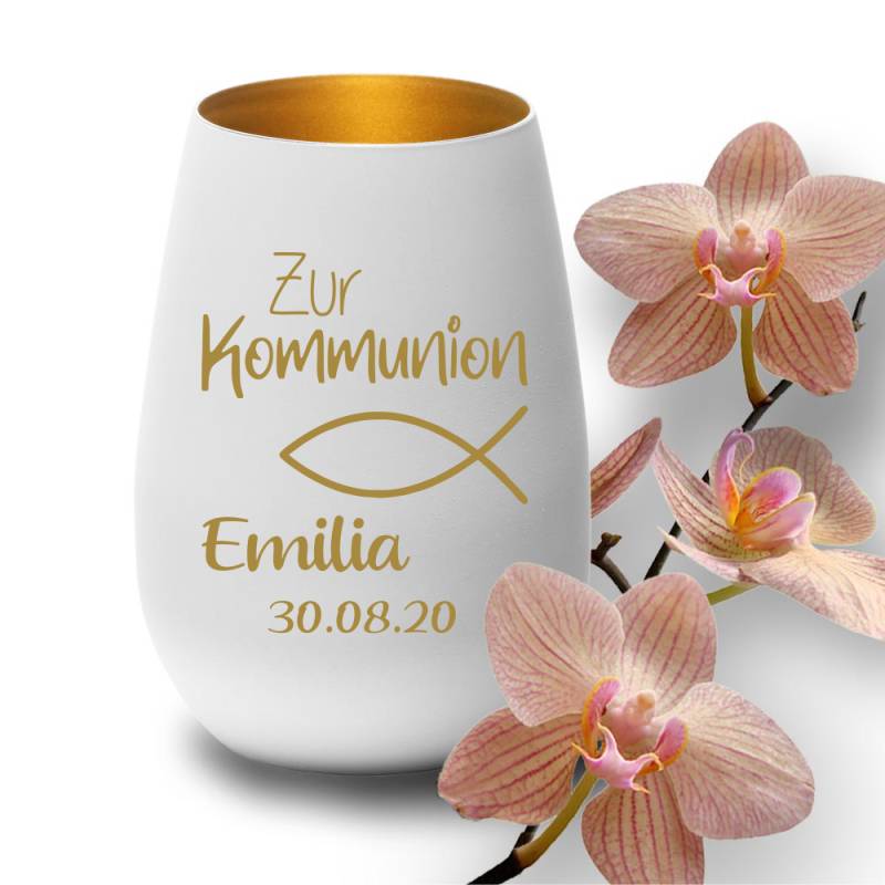 Windlicht mit Gravur weiss-gold zur Kommunion Symbol Fisch von Trendgravur