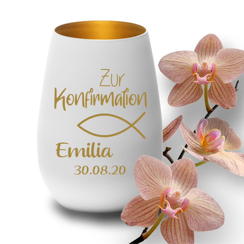 Windlicht mit Gravur weiss-gold zur Konfirmation Symbol Fisch von Trendgravur