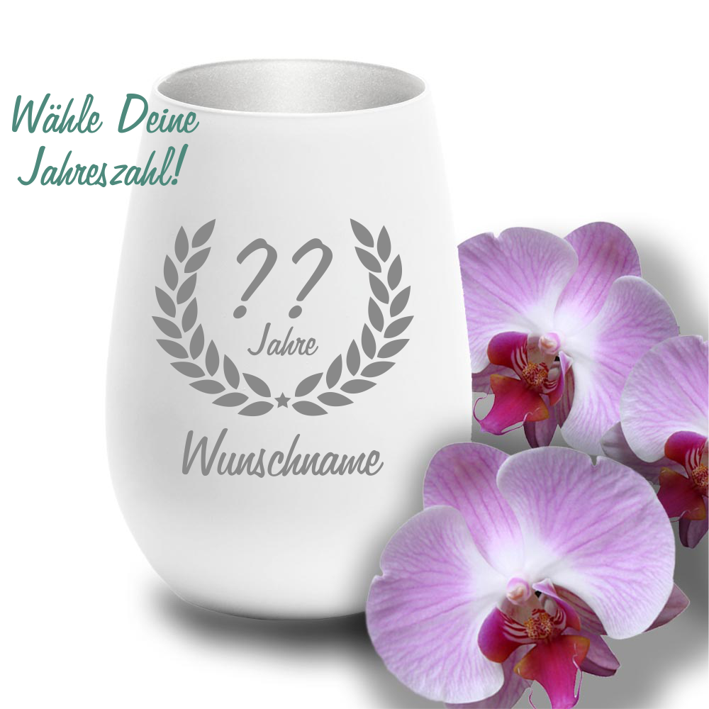 Windlicht mit Gravur weiss-silber zum Geburtstag- Wunschjahr von Trendgravur