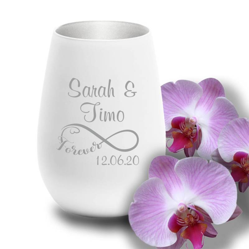 Windlicht mit Gravur weiss-silber zur Hochzeit Infinity von Trendgravur
