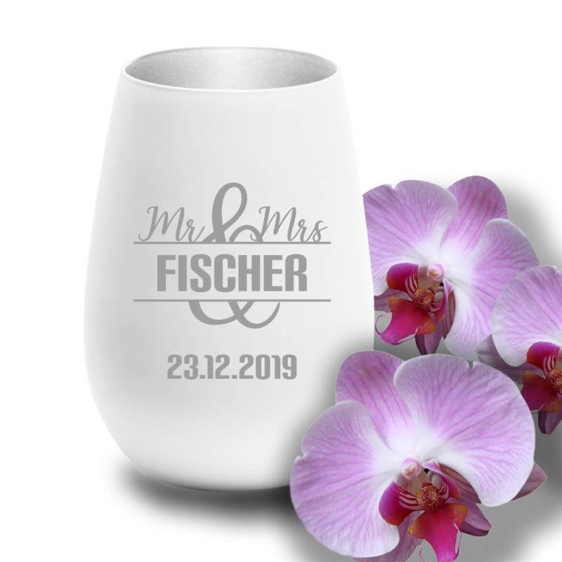 Windlicht mit Gravur weiss-silber zur Hochzeit Motiv Mr. & Mrs. von Trendgravur