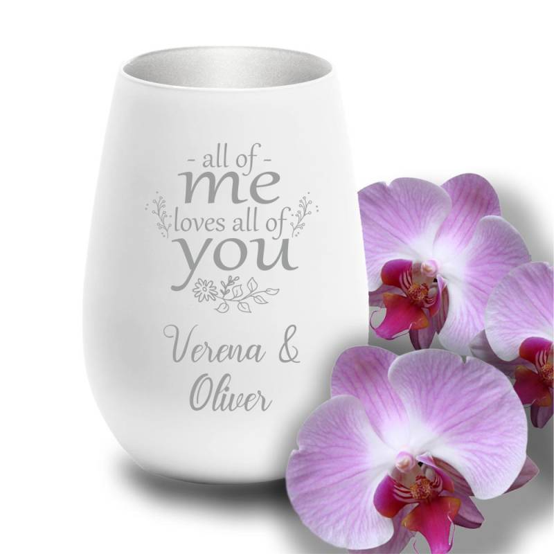 Windlicht mit Gravur zur Hochzeit All of me loves all of you von Trendgravur
