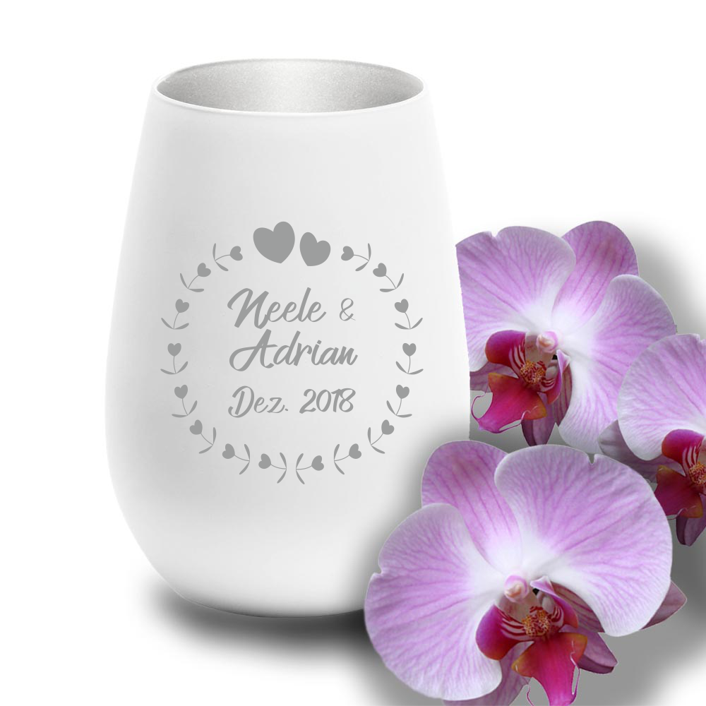 Windlicht mit Gravur zur Hochzeit Herzkreis von Trendgravur