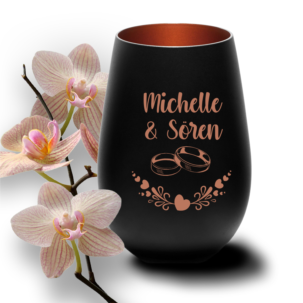 Windlicht mit Gravur zur Hochzeit Ringe 2 schwarz-bronze von Trendgravur
