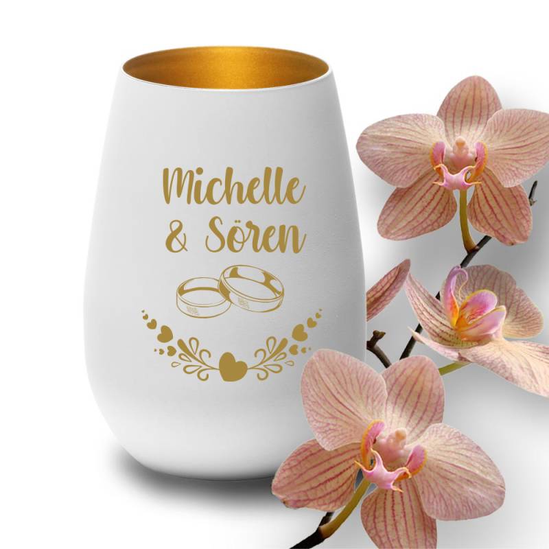 Windlicht mit Gravur zur Hochzeit Ringe 2 weiss-gold von Trendgravur