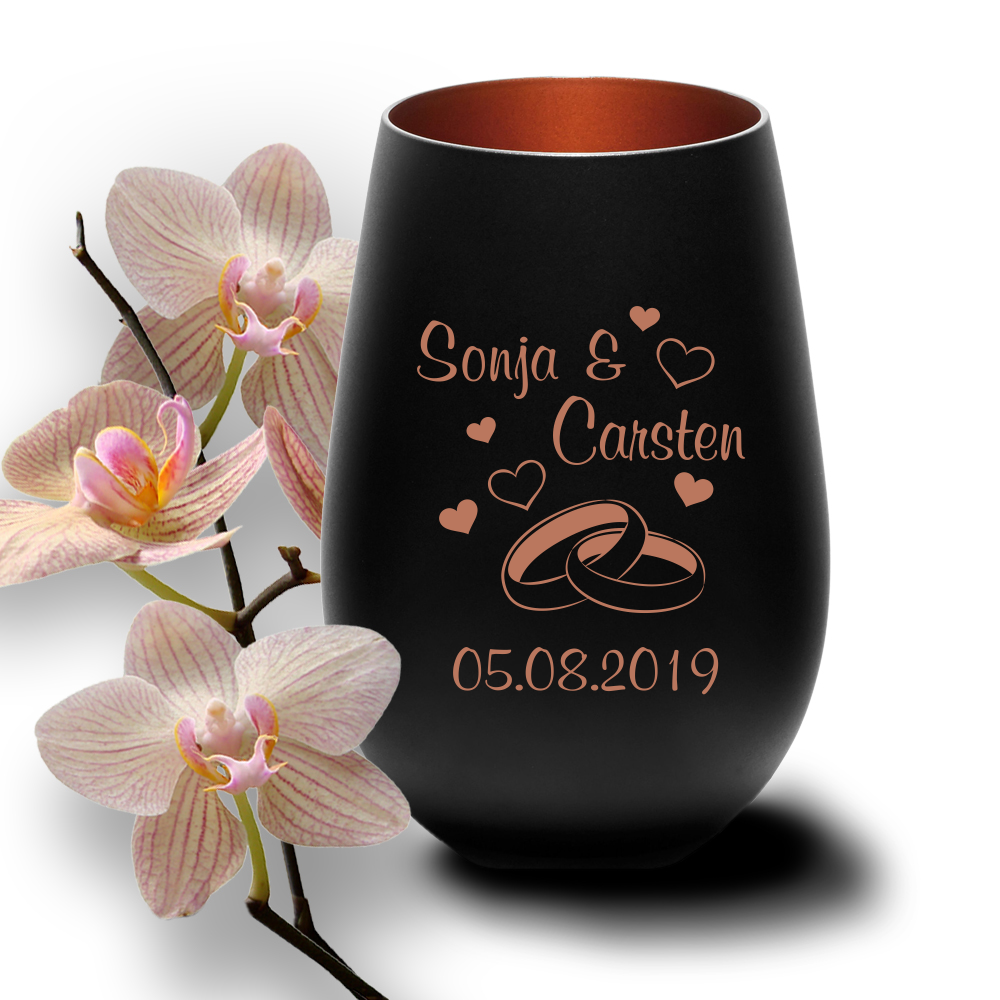Windlicht mit Gravur zur Hochzeit Ringe Herzen schwarz-bronze Windlicht mit Gravur zur Hochzeit Ringe Herzen schwarz-bronze von Trendgravur
