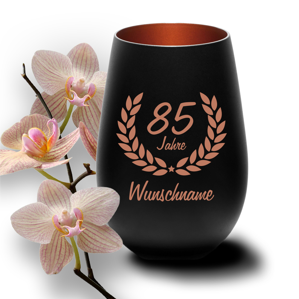 Windlicht zum 85. Geburtstag mit Wunschnamen schwarz-bronze von Trendgravur