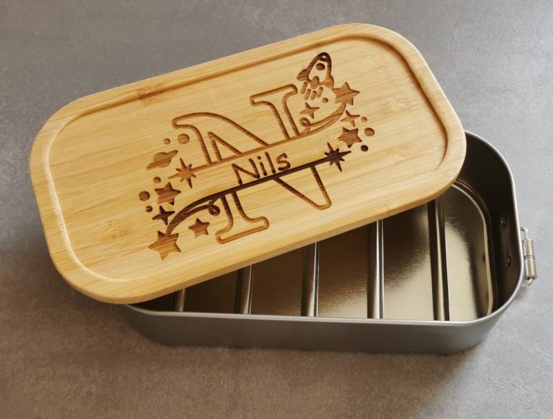 personalisierte Brotdose Kinder Lunchbox Metall mit Holzdeckel... von Trendgravur