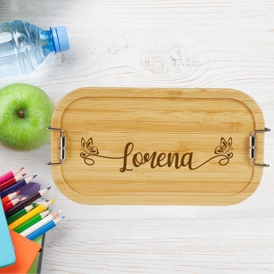 personalisierte Brotdose Kinder Lunchbox Metall mit Holzdeckel... von Trendgravur