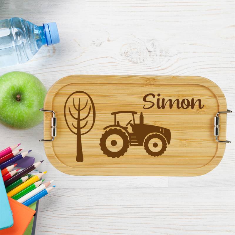 personalisierte Brotdose für Kinder Traktor mit Wunschnamen von Trendgravur