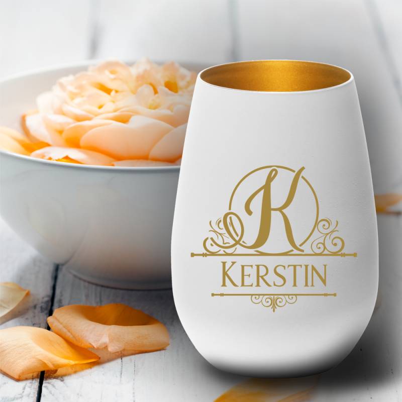 personalisiertes Windlicht mit Gravur Monogramm weiss-gold von Trendgravur
