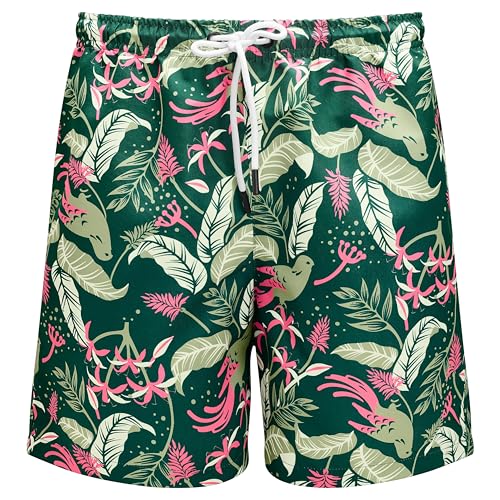 Trendhim Badehose Herren Lang | Geblümte Badeshorts Herren in Waldgrün & Pink | Schnelltrocknende Schwimmshorts mit Kordelzug & Innenfutter | Dänisches Design für Strand & Pool von Trendhim