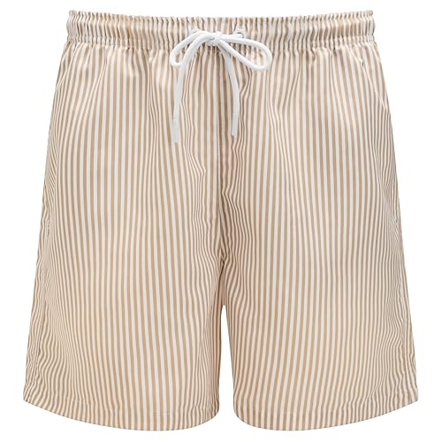 Trendhim Badehose Herren Lang | Gestreifte Badeshorts Herren in Beige & Weiß | Schnelltrocknende Schwimmshorts mit Kordelzug & Innenfutter | Dänisches Design für Strand & Pool von Trendhim