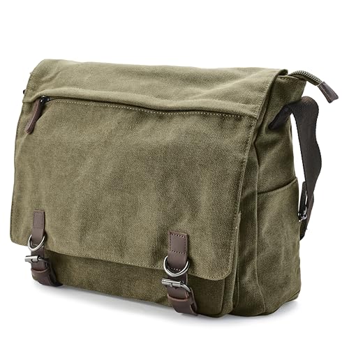 Trendhim Messenger Bag Herren | Canvas Umhängetasche mit Lederdetails & Laptopfach | Schultertasche für Alltag, Arbeit, Büro & Freizeit, 15 Zoll | Khaki von Trendhim