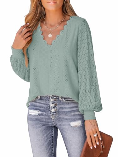 TrendiMax Bluse Damen V Ausschnitt mit überbackener Spitze, Lange Spitzenärmel - Elegantes Hemd Blusen Langarmshirt Einfarbig Langarm Oberteile Tops (L, Grün) von TrendiMax