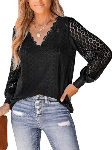 TrendiMax Bluse Damen V Ausschnitt mit überbackener Spitze, Lange Spitzenärmel - Elegantes Hemd Blusen Langarmshirt Einfarbig Langarm Oberteile Tops (S, Schwarz) von TrendiMax