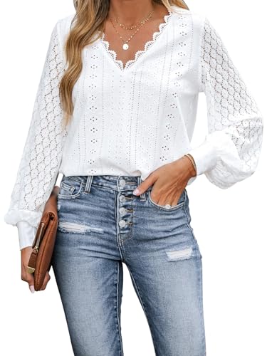 TrendiMax Bluse Damen V Ausschnitt mit überbackener Spitze, Lange Spitzenärmel - Elegantes Hemd Blusen Langarmshirt Einfarbig Langarm Oberteile Tops (S, Weiß) von TrendiMax
