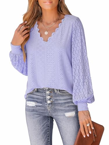 TrendiMax Bluse Damen V Ausschnitt mit überbackener Spitze, Lange Spitzenärmel - Elegantes Hemd Blusen Langarmshirt Einfarbig Langarm Oberteile Tops (XL, Lila) von TrendiMax