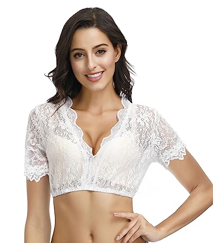 TrendiMax Damen Dirndlblusen Kurzarm Spitze Tracht Bluse Elegante Trachtenbluse für Oktoberfest, Weiß Kamelie, 42 von TrendiMax