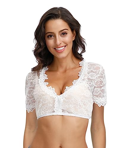 TrendiMax Damen Dirndlblusen Kurzarm Spitze Tracht Bluse Elegante Trachtenbluse für Oktoberfest, Weiß Rose, 40 von TrendiMax