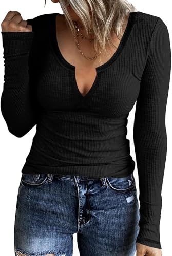 TrendiMax Damen Langarmshirt Gerippt Stretch Pullover Elegant Langarm Oberteile Hemd Tshirts V Ausschnitt Casual Basic Tops (M, Schwarz) von TrendiMax