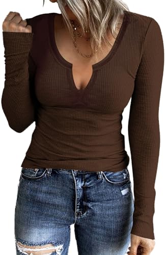 TrendiMax Damen Langarmshirt Gerippt Stretch Pullover Elegant Langarm Oberteile Hemd Tshirts V Ausschnitt Casual Basic Tops (S, Dunkelkaffee) von TrendiMax